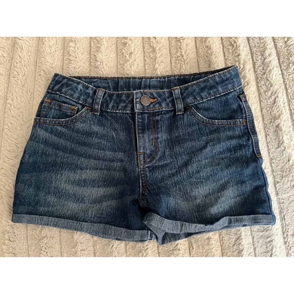 Cherokee Girls Dark Wash Denim Shorts Cuffed Size Large 10/12 Elastic Back